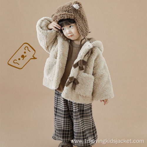 Girls Thick Wool Sweater Winter Bow Plush Top